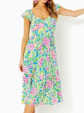 NWT Lilly Pulitzer Bayleigh Flutter Sleeve Midi Dress Multi Grove Garden Size 0